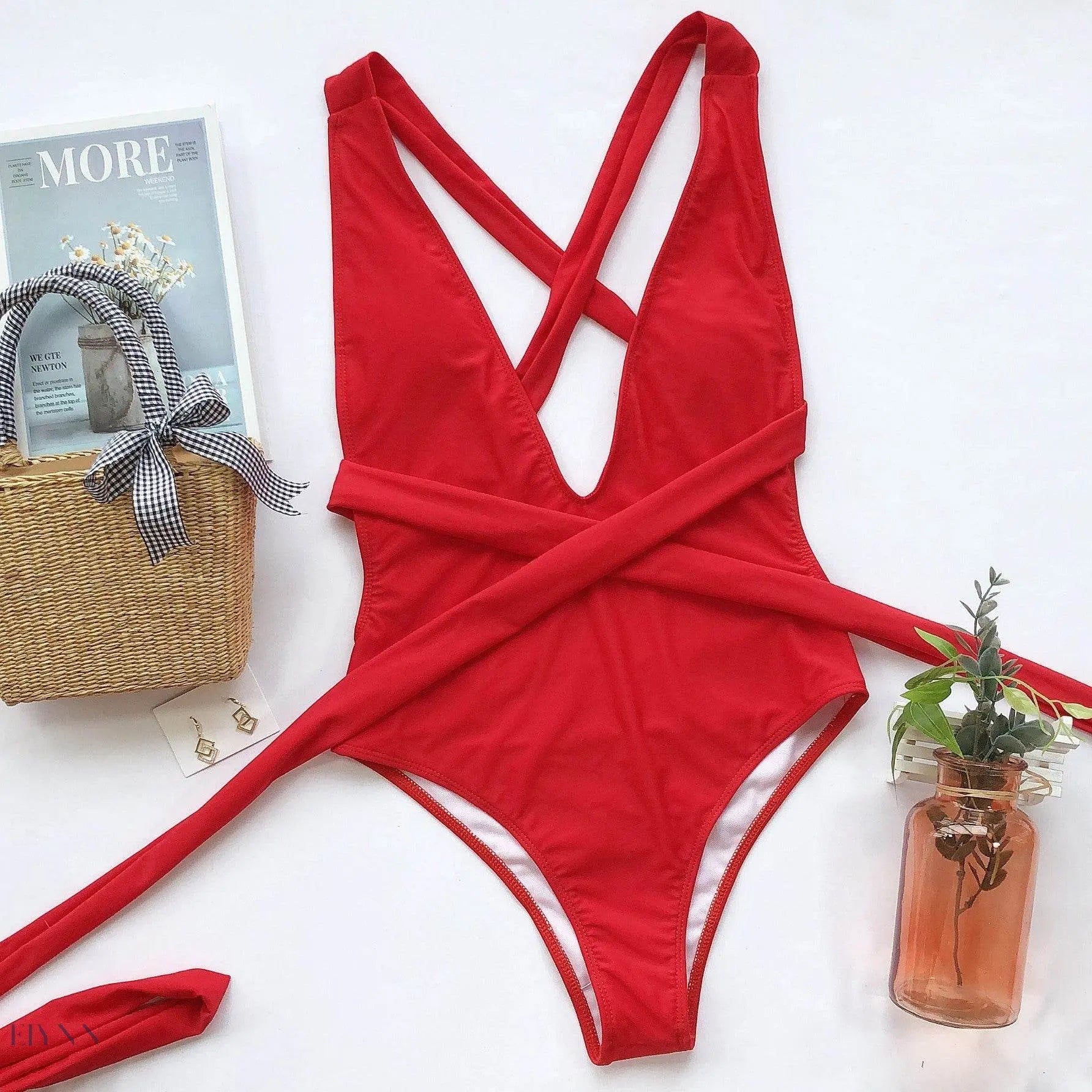 Halter Neck Deep V Tied One-Piece Swimsuit - EBYNN