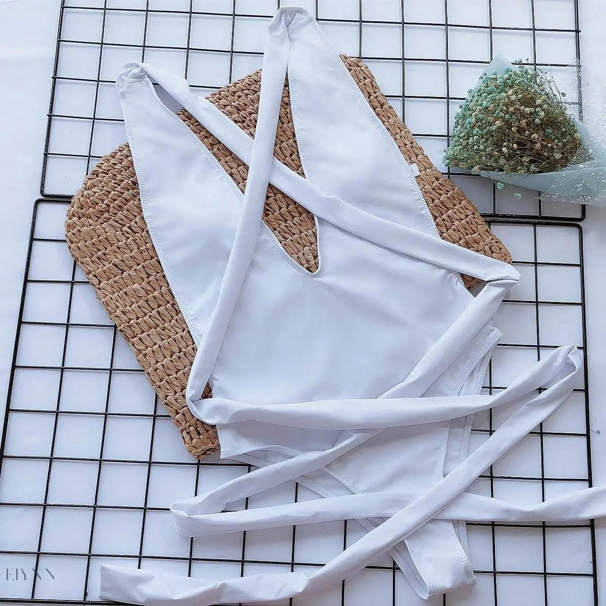 Halter Neck Deep V Tied One-Piece Swimsuit - EBYNN