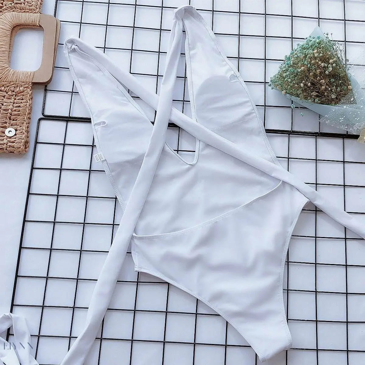 Halter Neck Deep V Tied One-Piece Swimsuit - EBYNN