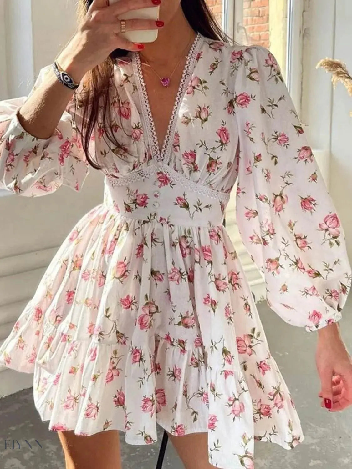 Lace V-Neck Balloon Sleeve Dress with Elegant Lace Detail - EBYNN