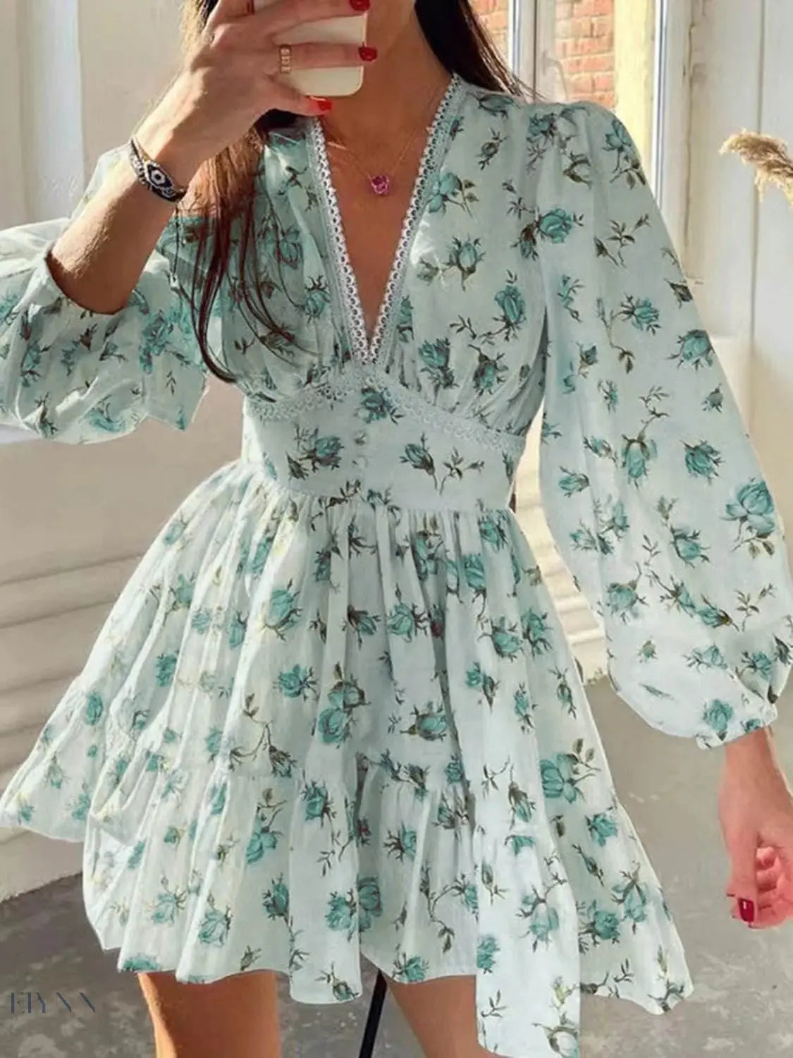 Lace V-Neck Balloon Sleeve Dress with Elegant Lace Detail - EBYNN