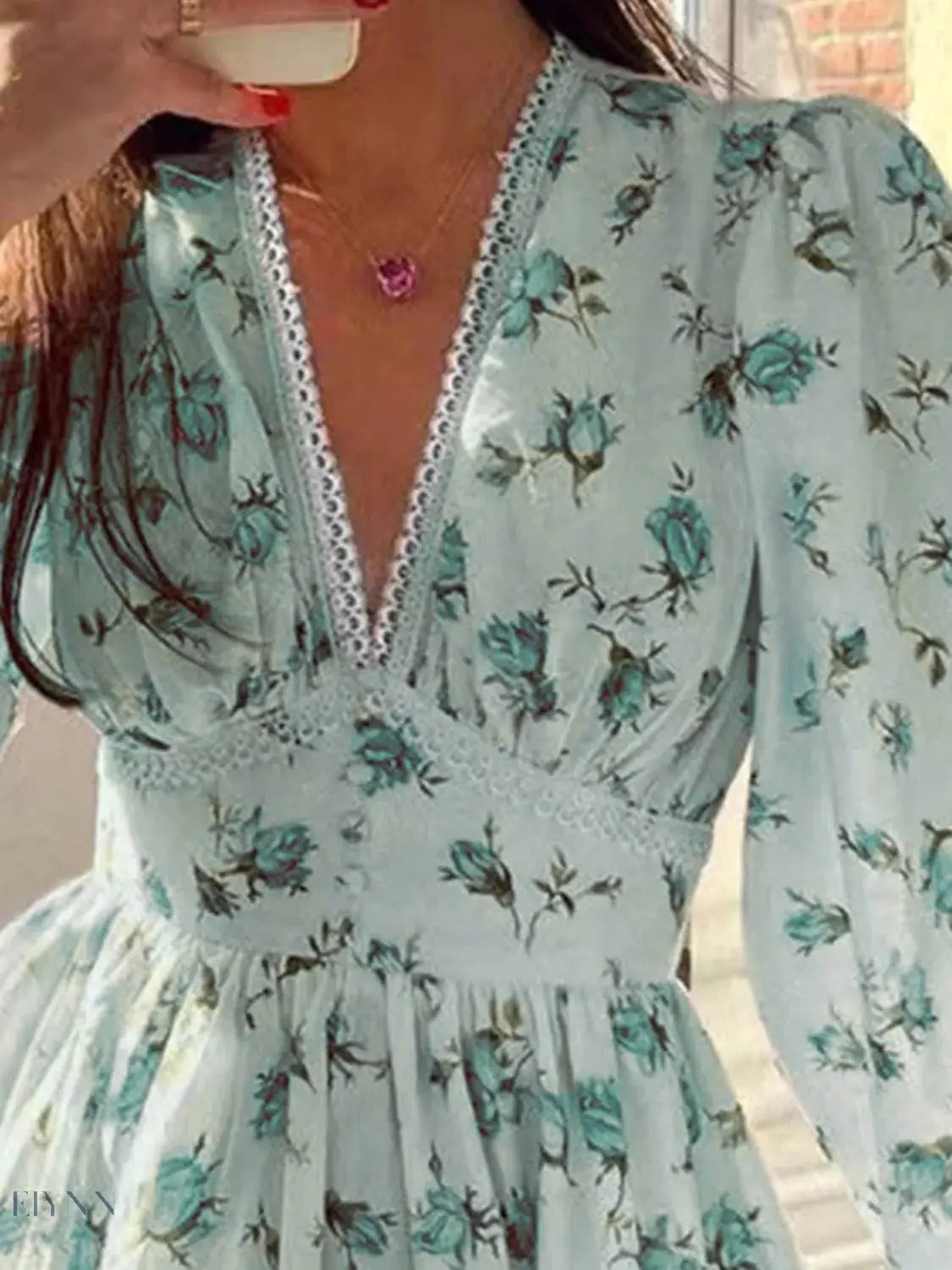 Lace V-Neck Balloon Sleeve Dress with Elegant Lace Detail - EBYNN