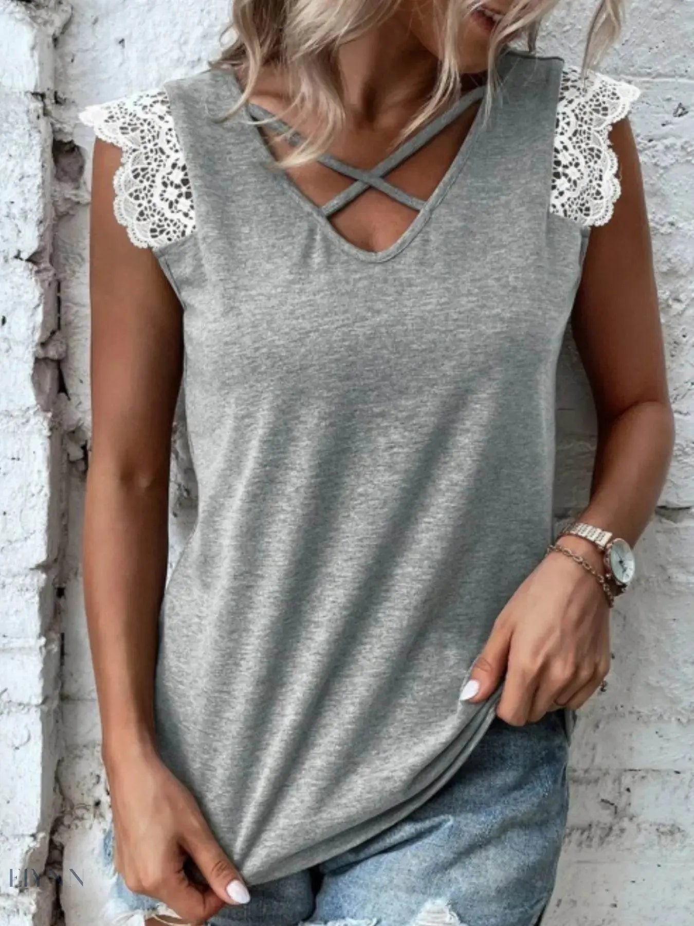 Lace Trim V-Neck Tank Top with Cross-Front Design - EBYNN