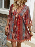 Lace Trim V-Neck Dress with 3/4 Sleeves and Stylish Print - EBYNN
