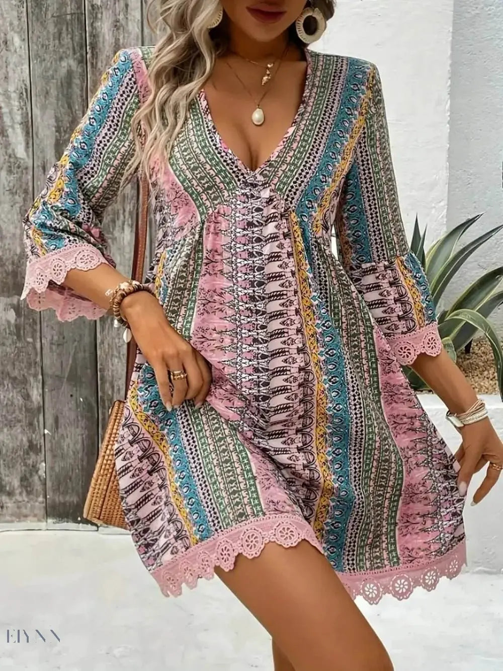 Lace Trim V-Neck Dress with 3/4 Sleeves and Stylish Print - EBYNN