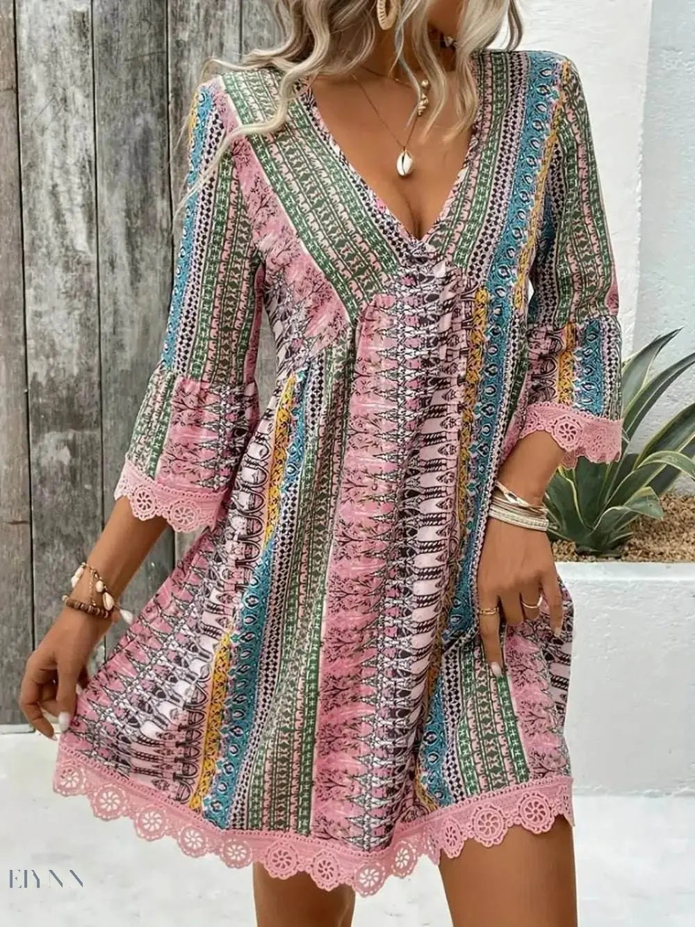 Lace Trim V-Neck Dress with 3/4 Sleeves and Stylish Print - EBYNN