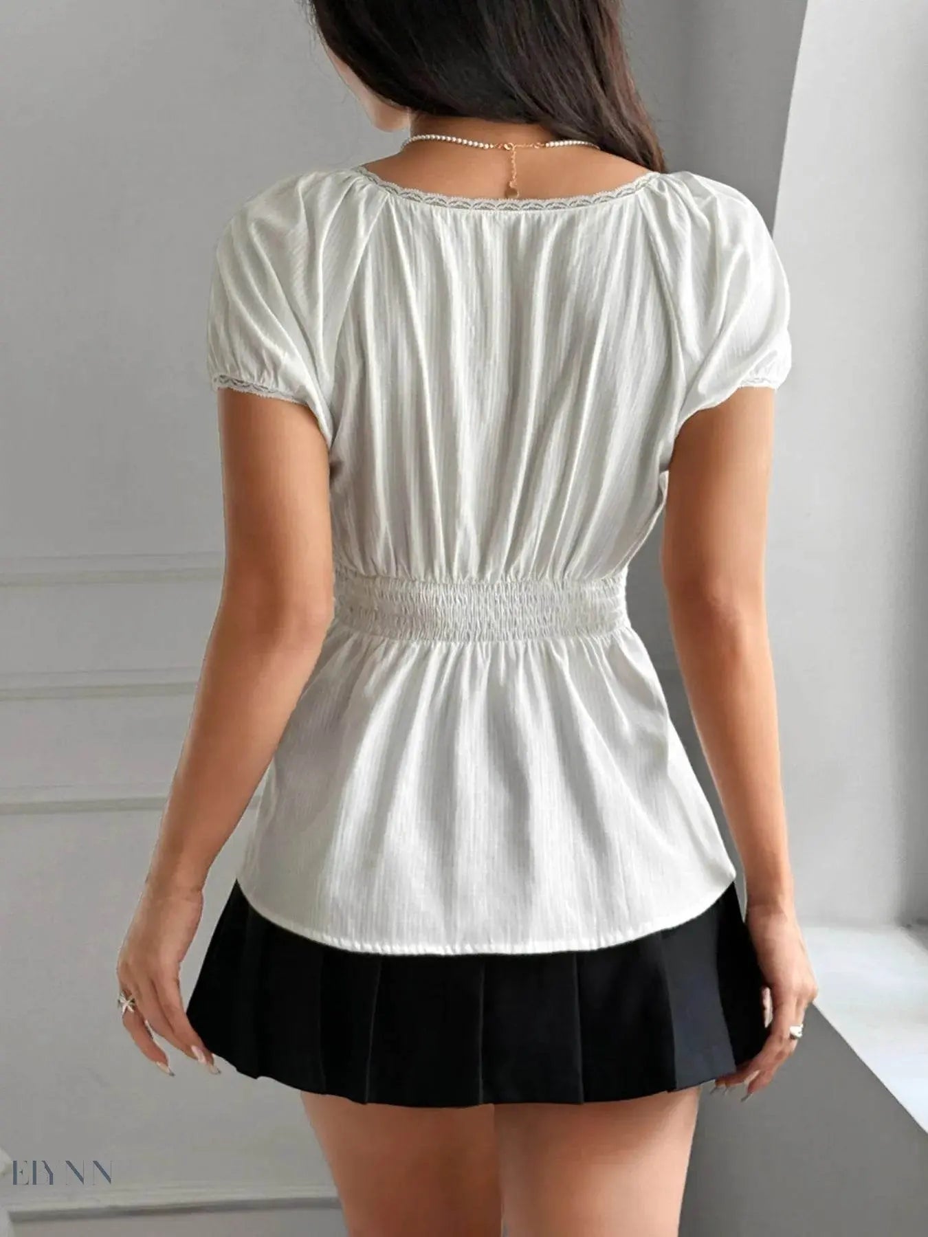 Lace Trim Puff Sleeve Top with Square Neck Design - EBYNN