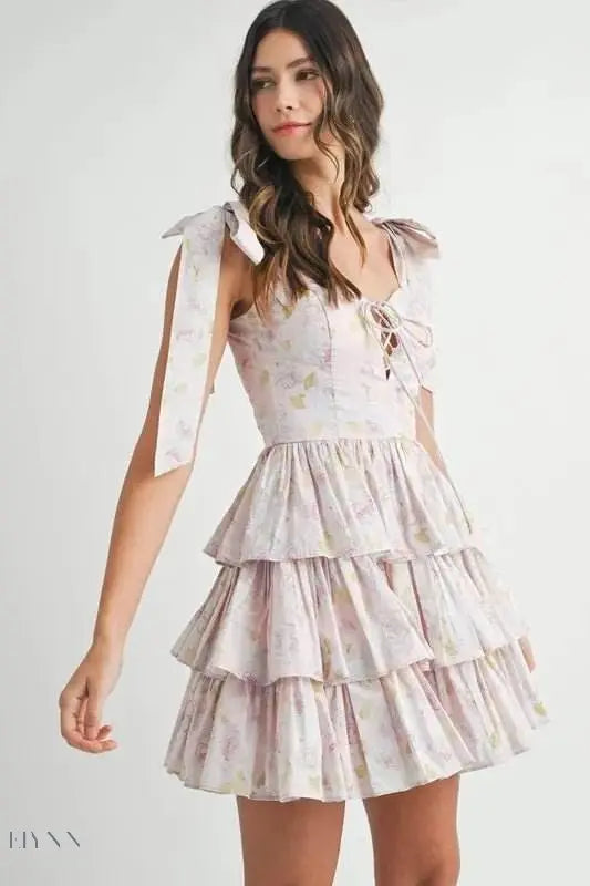Floral Print Shoulder Tie Layered Mini Dress - EBYNN