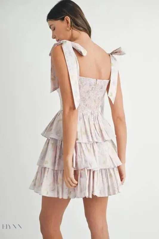 Floral Print Shoulder Tie Layered Mini Dress - EBYNN