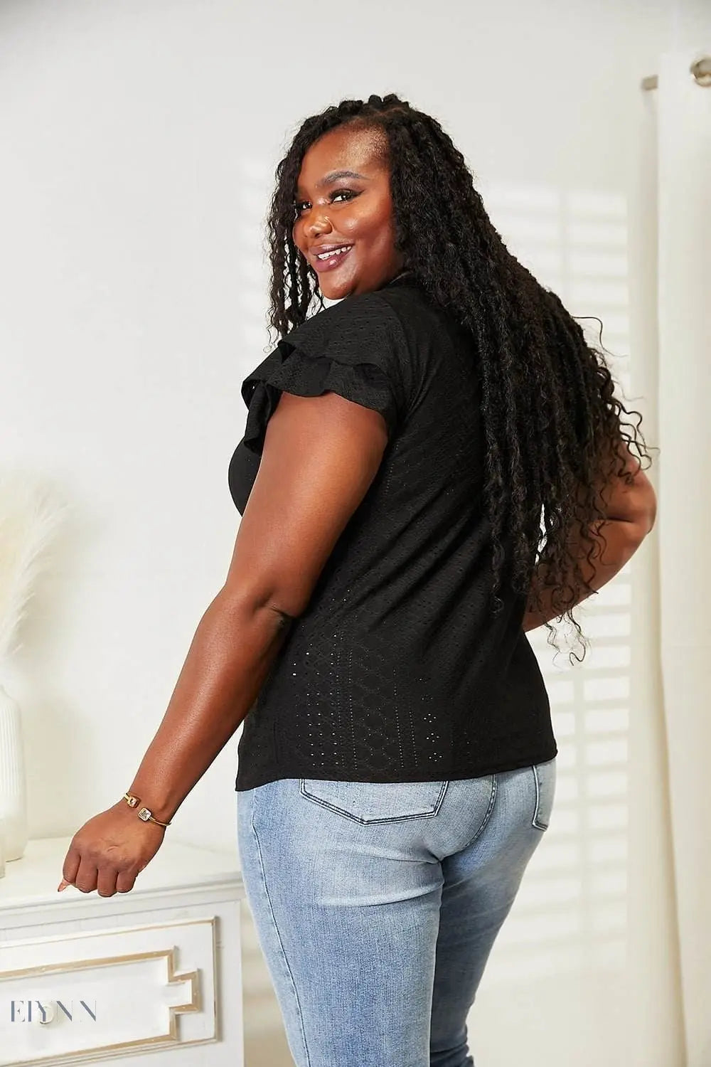 Mandy Eyelet Blouse with Tie-Neck and Flutter Sleeves - EBYNN