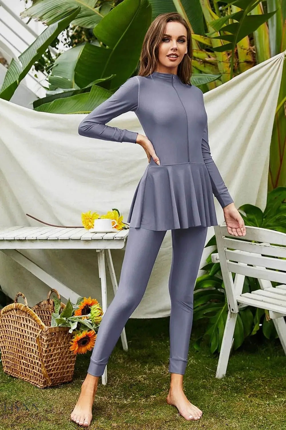 Mock Neck Long Sleeve One-Piece Swimwear - EBYNN