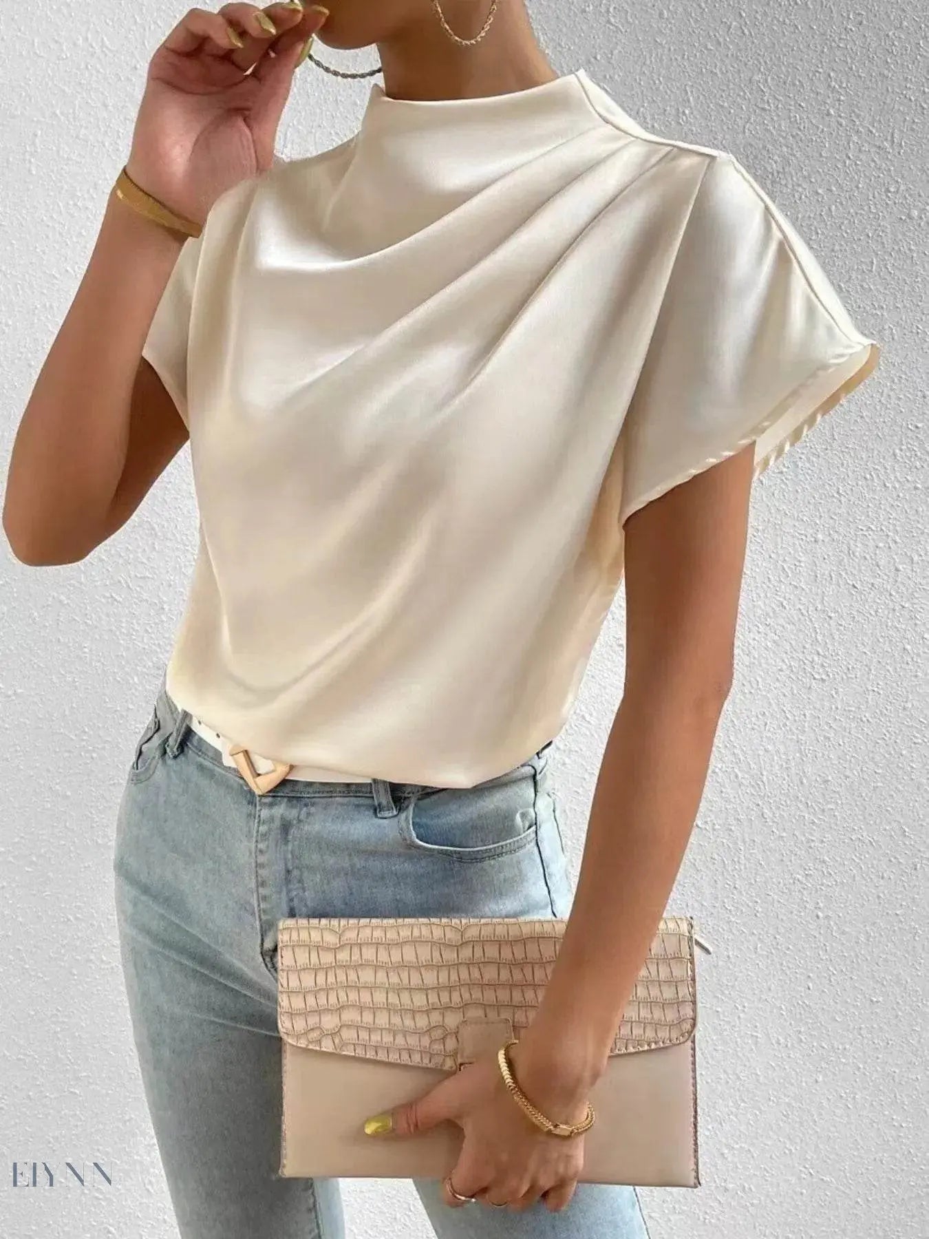 Mock Neck Satin Blouse with Short Sleeves for Effortless Chic Style - EBYNN