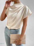 Mock Neck Satin Blouse with Short Sleeves for Effortless Chic Style - EBYNN