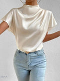 Mock Neck Satin Blouse with Short Sleeves for Effortless Chic Style - EBYNN
