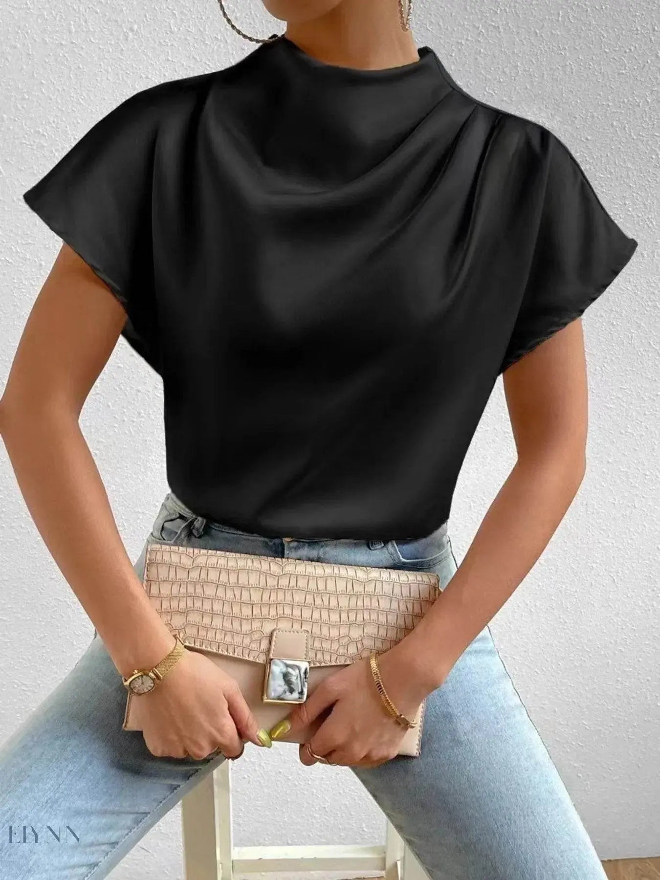 Mock Neck Satin Blouse with Short Sleeves for Effortless Chic Style - EBYNN