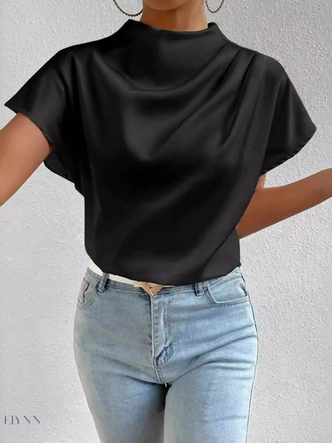 Mock Neck Satin Blouse with Short Sleeves for Effortless Chic Style - EBYNN