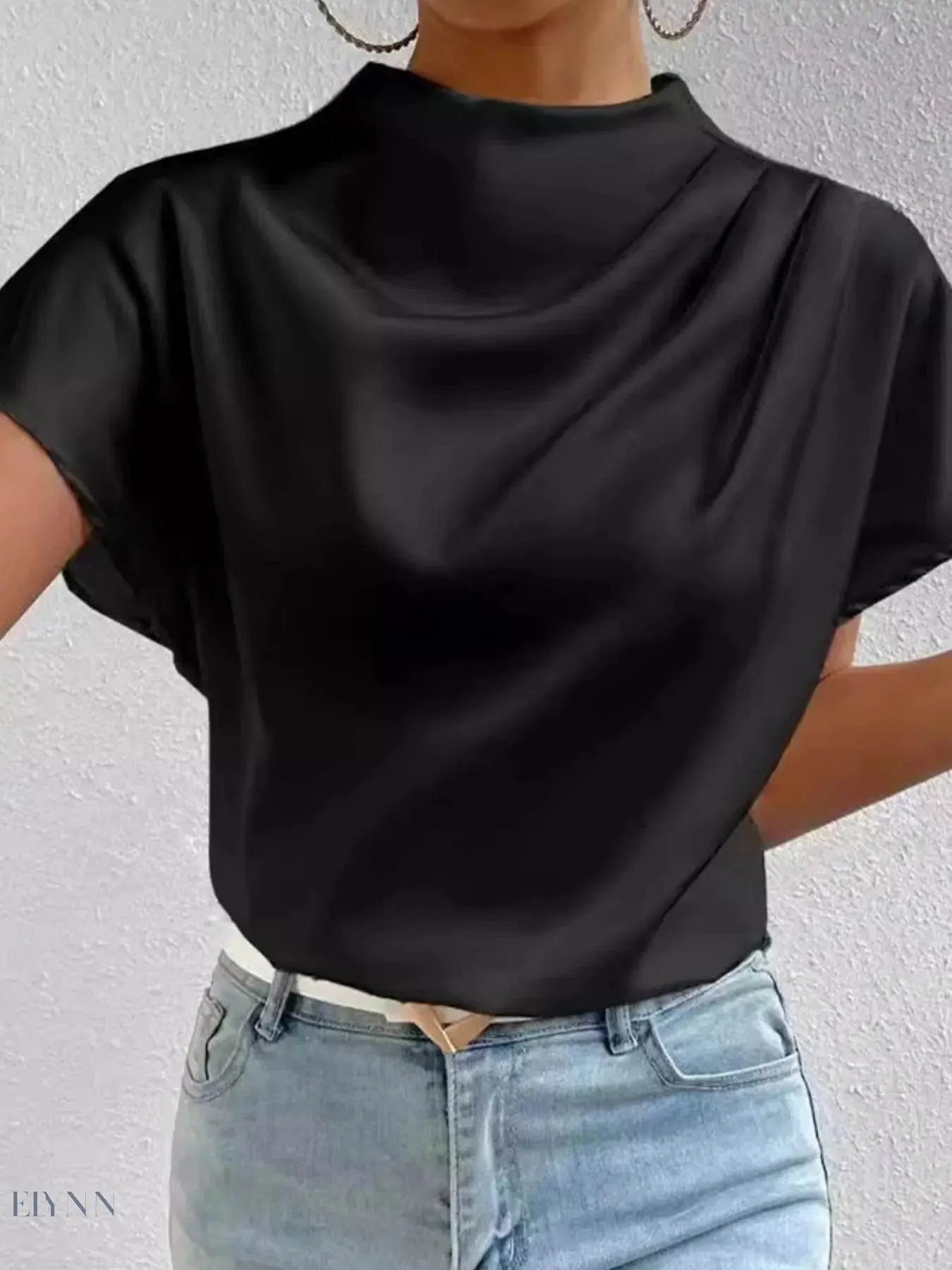 Mock Neck Satin Blouse with Short Sleeves for Effortless Chic Style - EBYNN