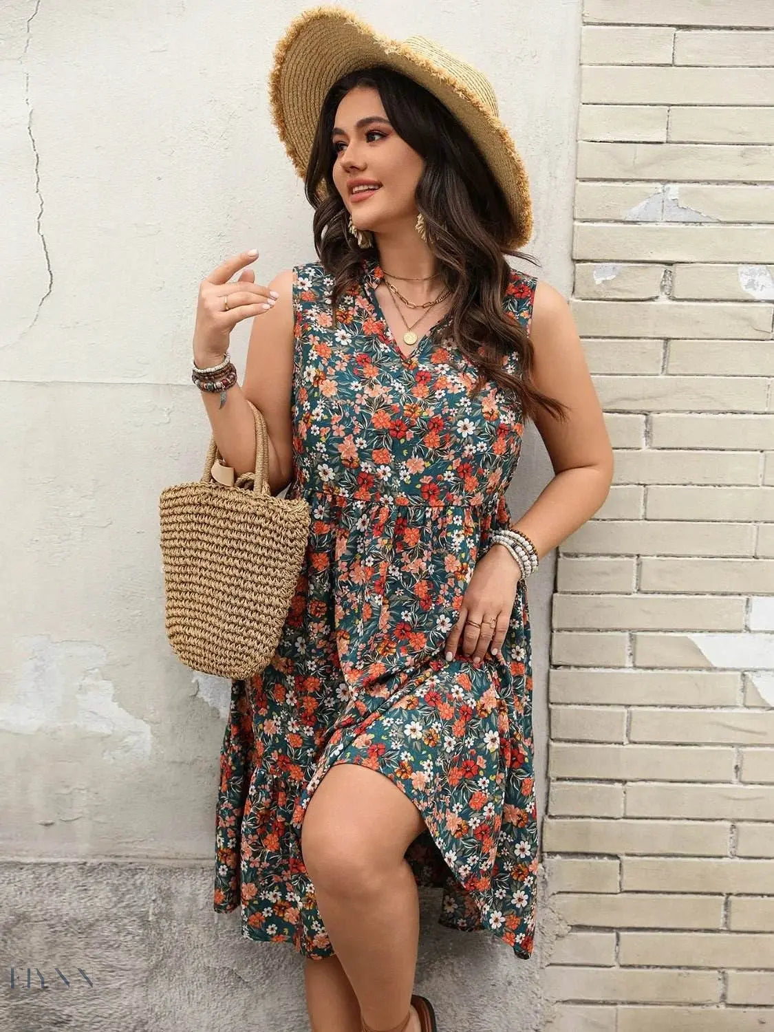 Plus Size Floral Dress with Notched Sleeveless Design - EBYNN
