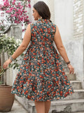 Plus Size Floral Dress with Notched Sleeveless Design - EBYNN