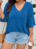 Plus Size Knit T-Shirt with V-Neck and Ribbed Design - EBYNN