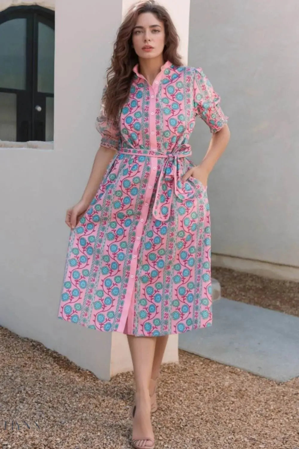 Printed Shirred Sleeve Buttoned Midi Dress with Sash - EBYNN