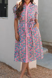 Printed Shirred Sleeve Buttoned Midi Dress with Sash - EBYNN