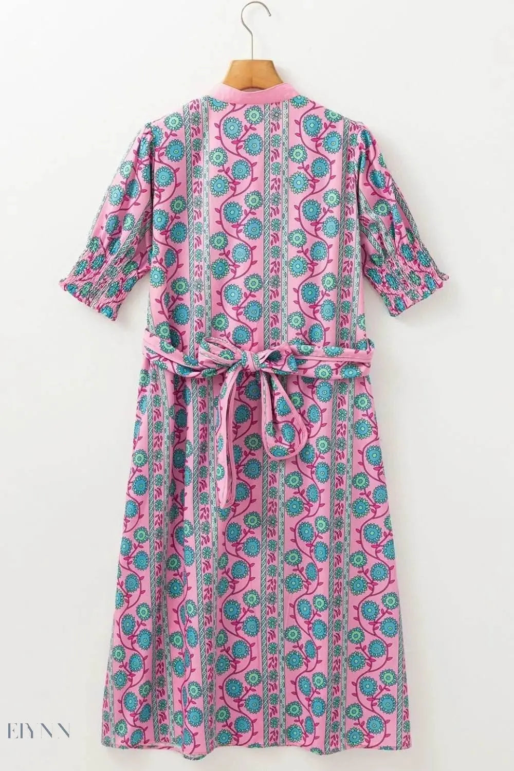 Printed Shirred Sleeve Buttoned Midi Dress with Sash - EBYNN