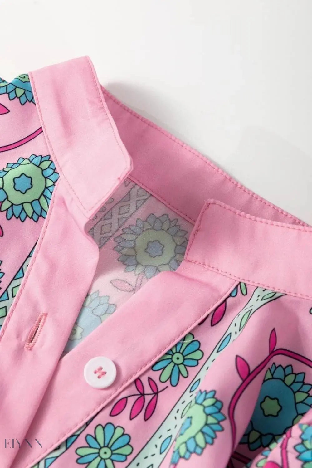 Printed Shirred Sleeve Buttoned Midi Dress with Sash - EBYNN