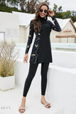 Printed Turtleneck Long Sleeve Top and Pants Swim Set - EBYNN