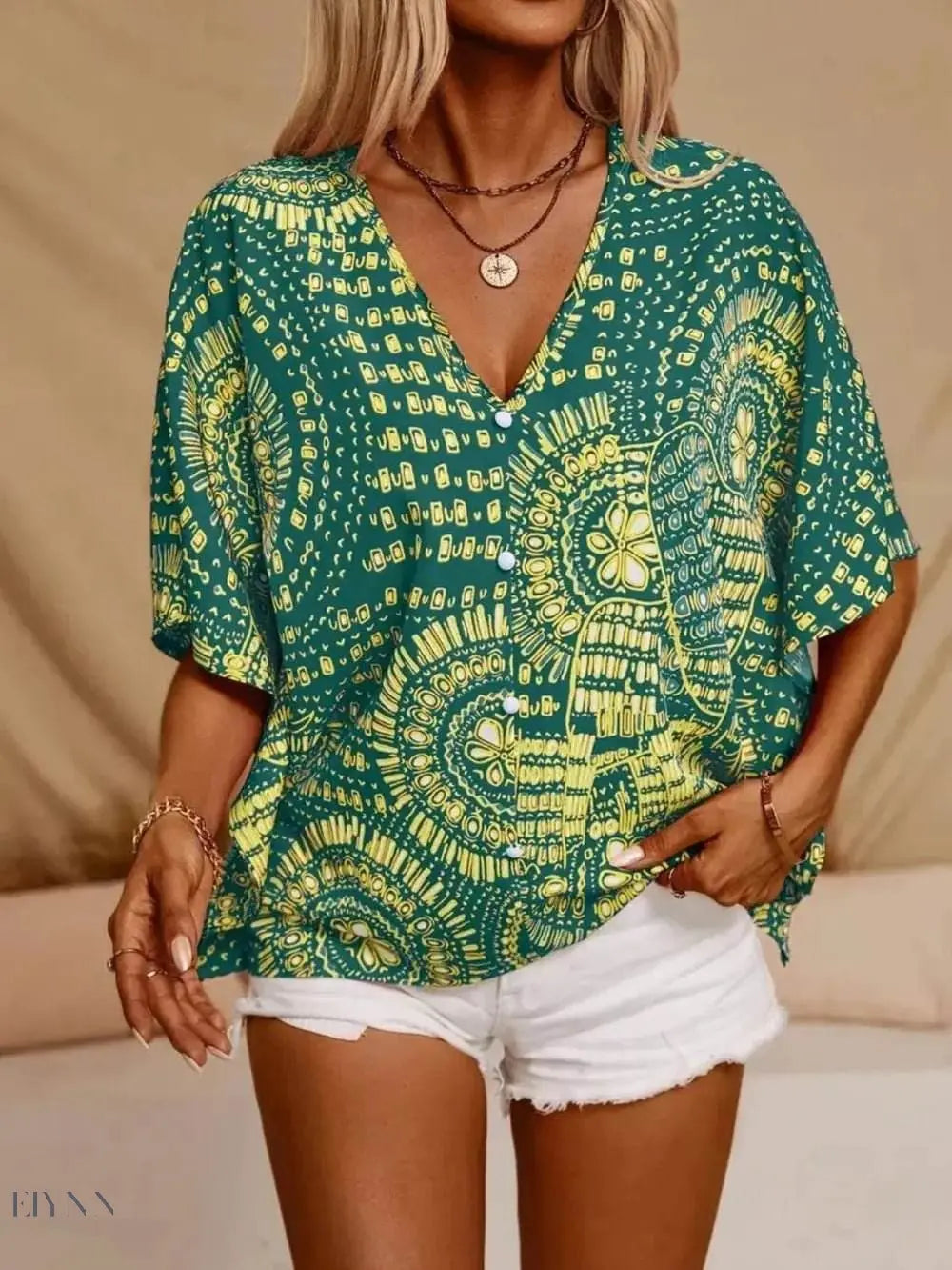 Printed V-Neck Half Sleeve Top for Effortless Style - Perfect Printed V-Neck Top - EBYNN