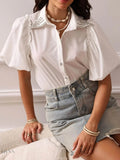 Puff Sleeve Shirt with Rhinestones and Button-Up Detail - EBYNN