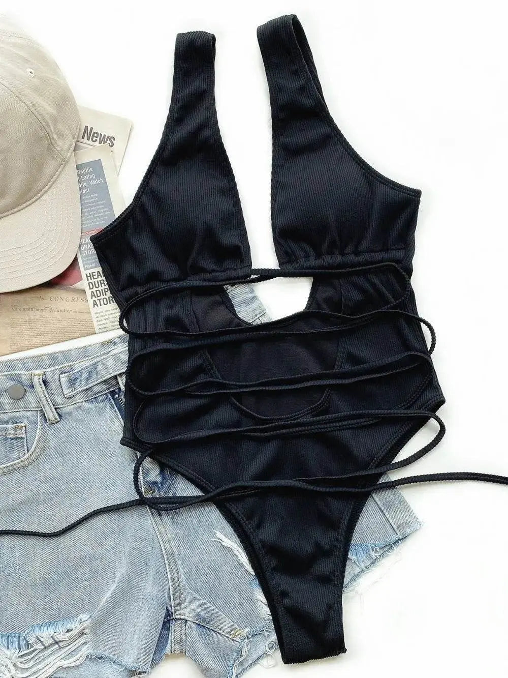 Ribbed Lace-Up One-Piece Swimsuit - EBYNN