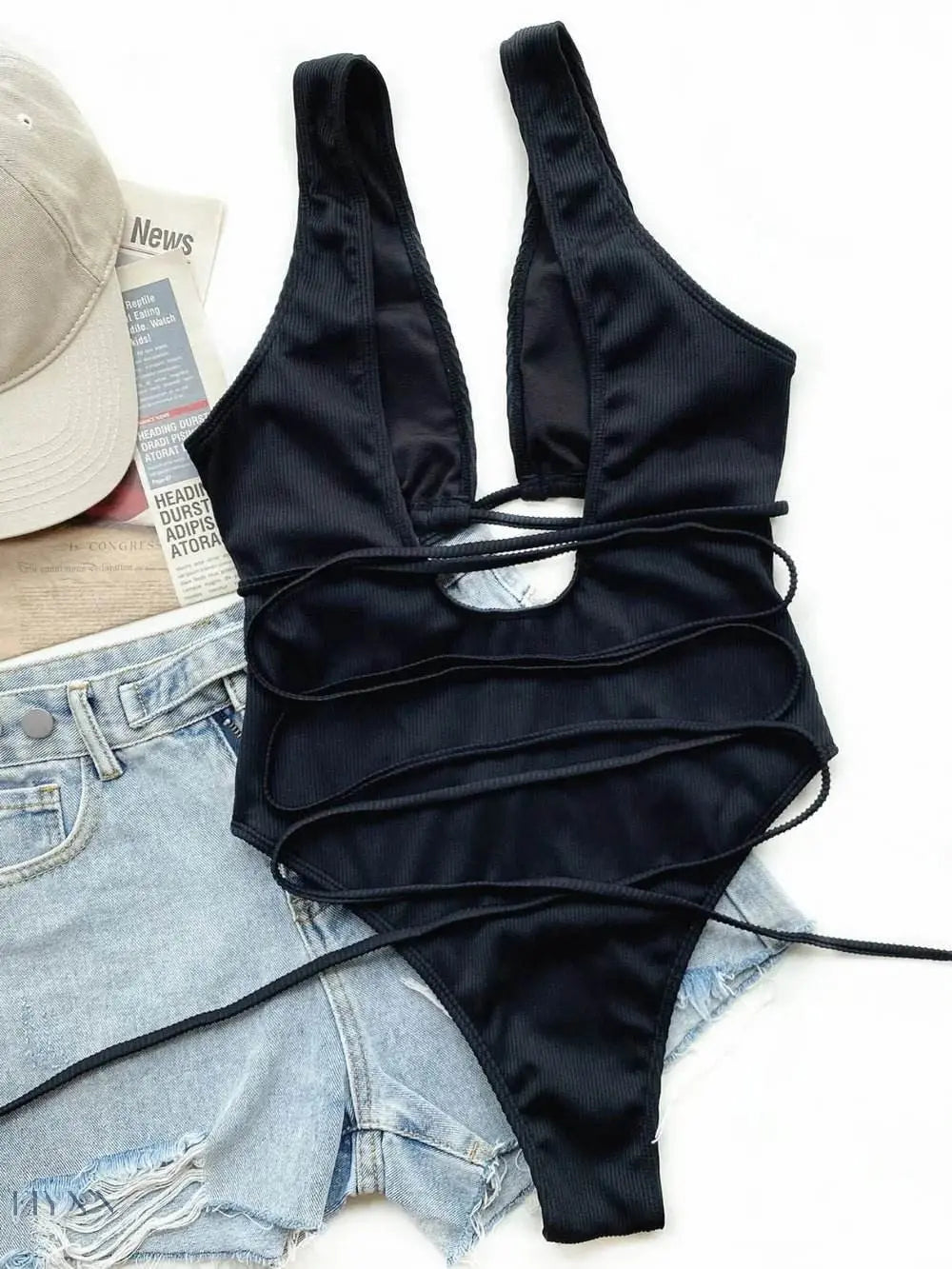 Ribbed Lace-Up One-Piece Swimsuit - EBYNN