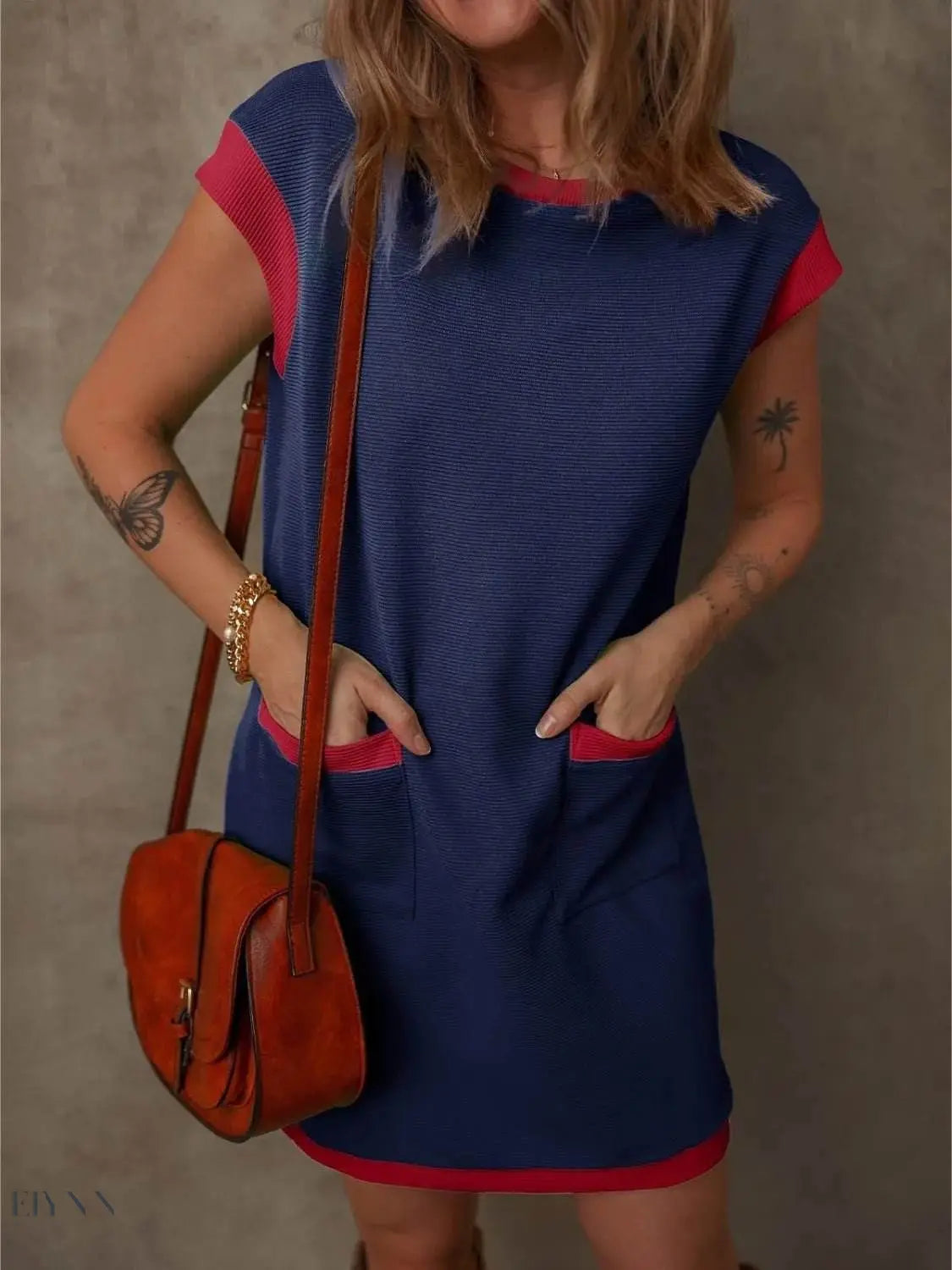 Round Neck Cap Sleeve Mini Dress with Pockets - EBYNN