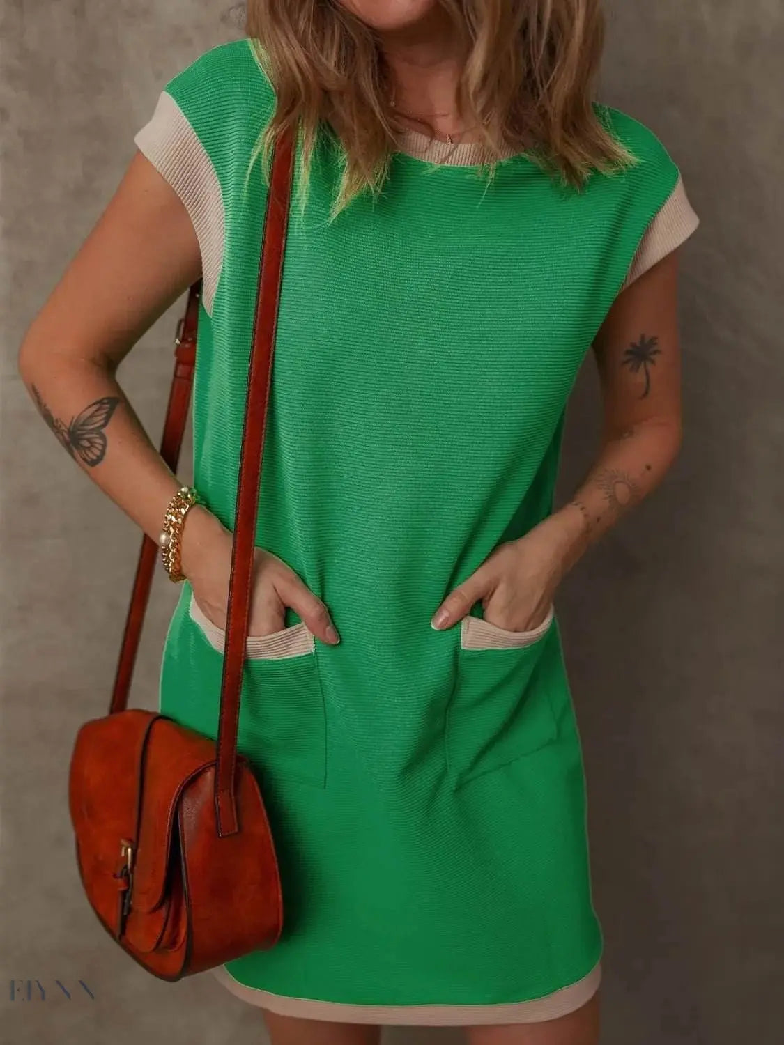 Round Neck Cap Sleeve Mini Dress with Pockets - EBYNN