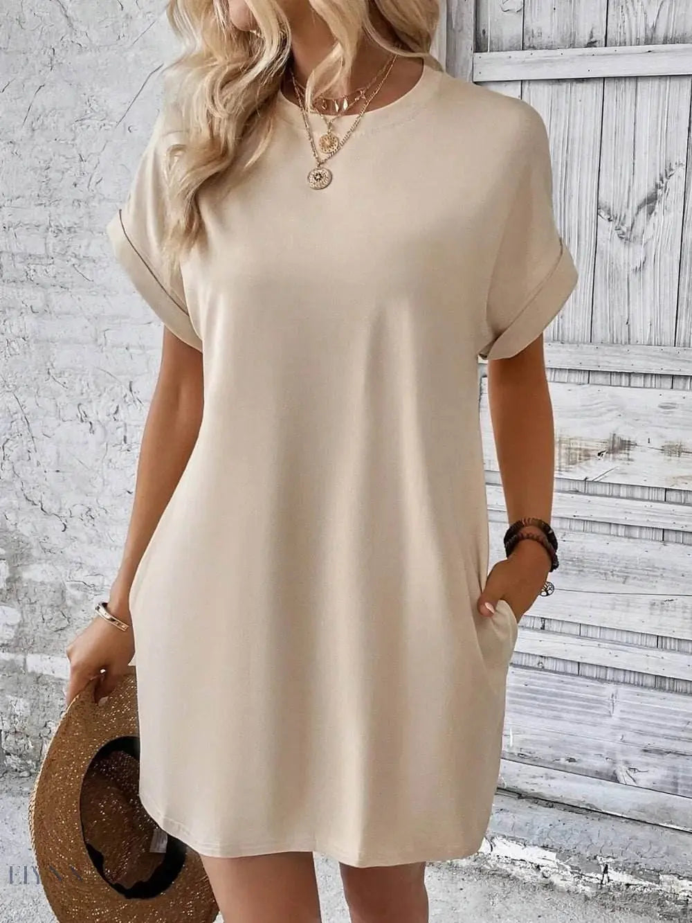 Round Neck Short Sleeve Mini Dress - EBYNN