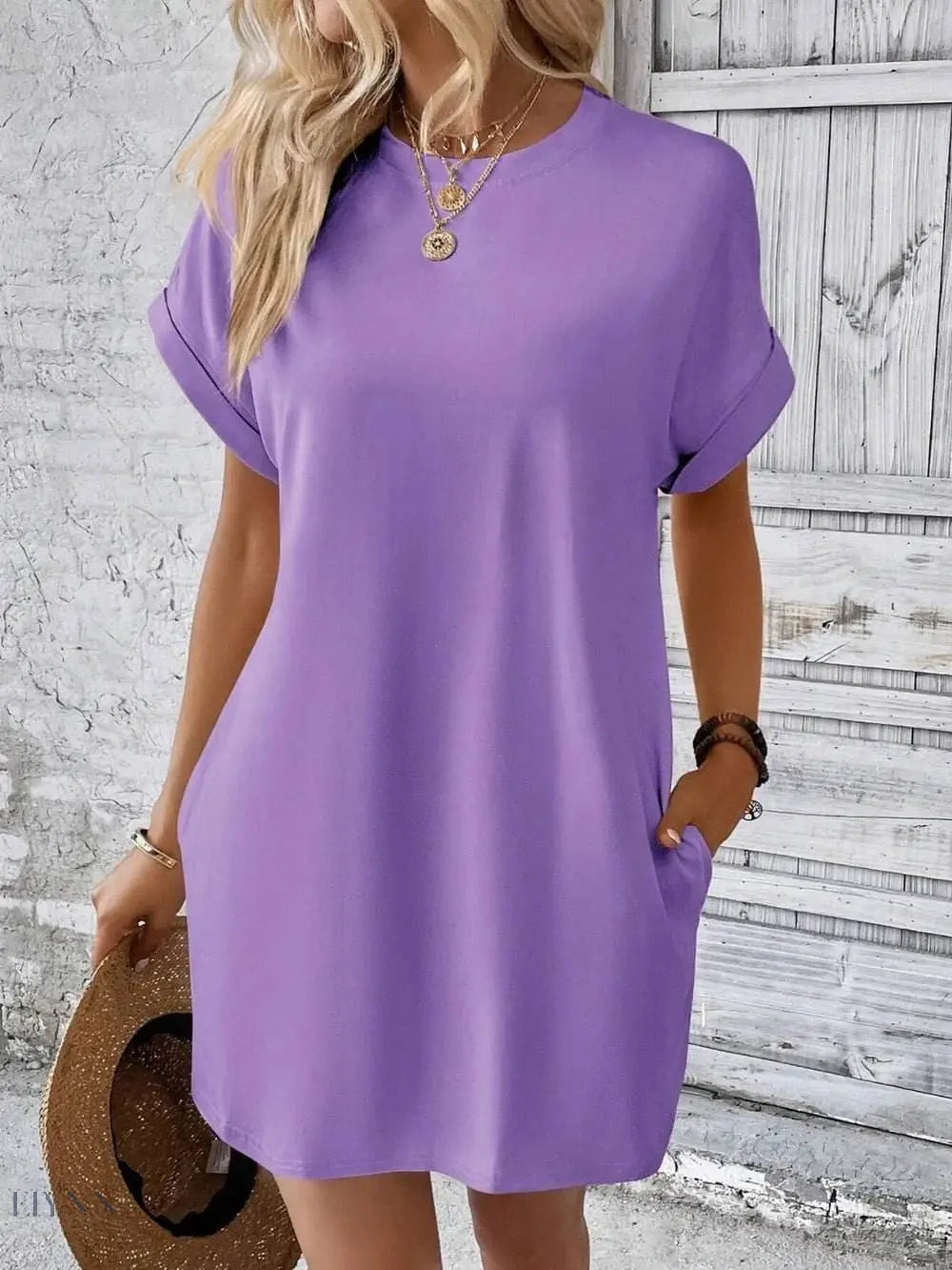 Round Neck Short Sleeve Mini Dress - EBYNN