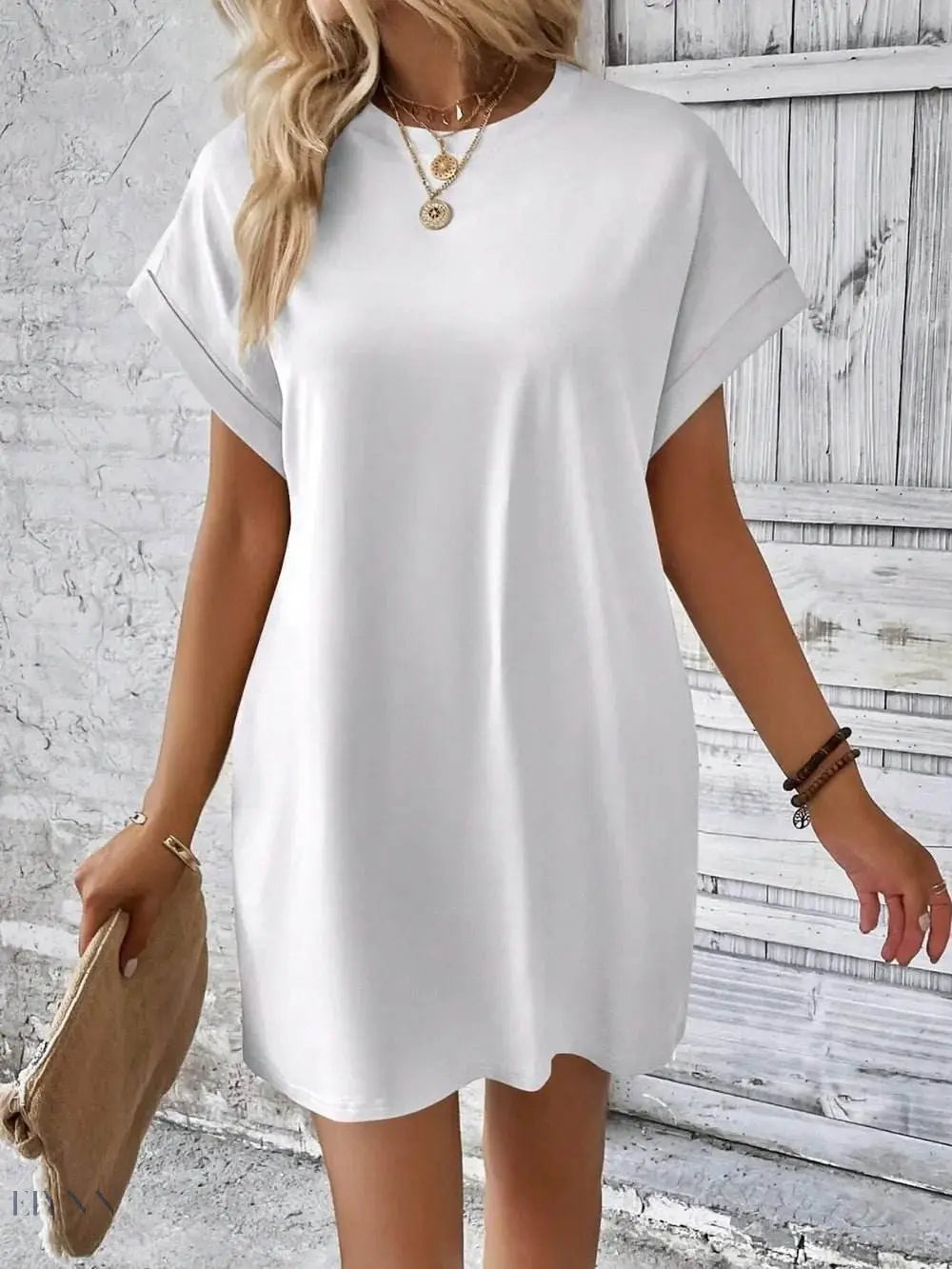 Round Neck Short Sleeve Mini Dress - EBYNN