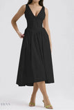 Ruched V-Neck Dress with Pockets - Sleeveless Elegance and Comfort - EBYNN