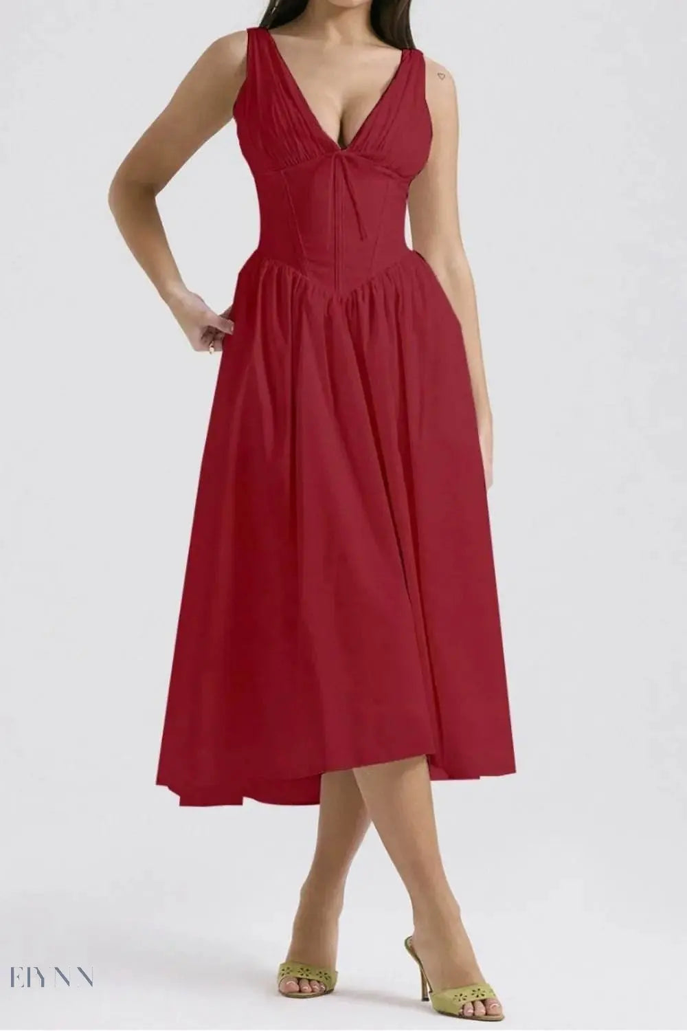 Ruched V-Neck Dress with Pockets - Sleeveless Elegance and Comfort - EBYNN