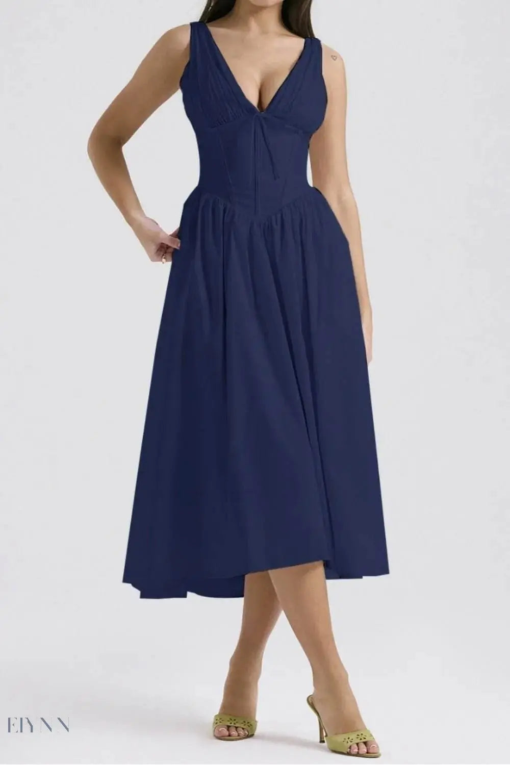 Ruched V-Neck Dress with Pockets - Sleeveless Elegance and Comfort - EBYNN