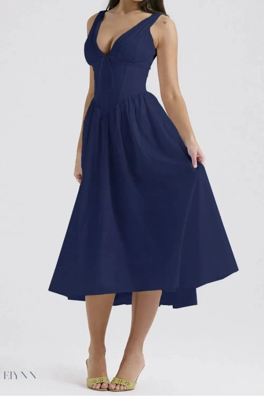Ruched V-Neck Dress with Pockets - Sleeveless Elegance and Comfort - EBYNN