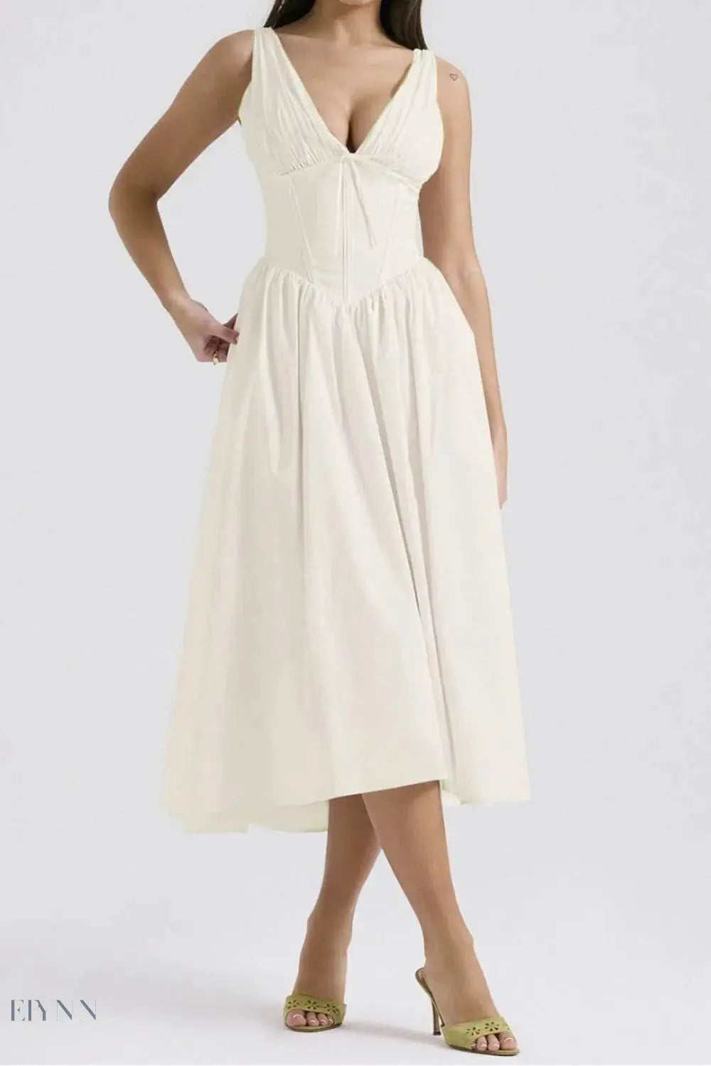 Ruched V-Neck Dress with Pockets - Sleeveless Elegance and Comfort - EBYNN
