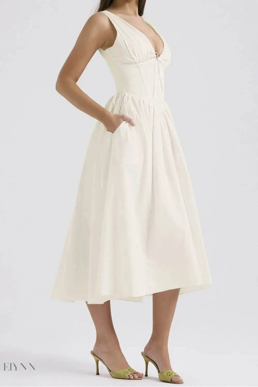 Ruched V-Neck Dress with Pockets - Sleeveless Elegance and Comfort - EBYNN