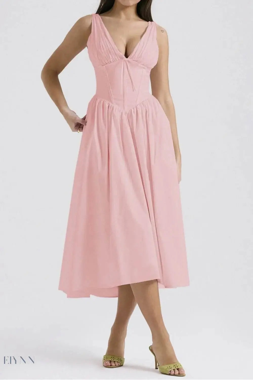 Ruched V-Neck Dress with Pockets - Sleeveless Elegance and Comfort - EBYNN