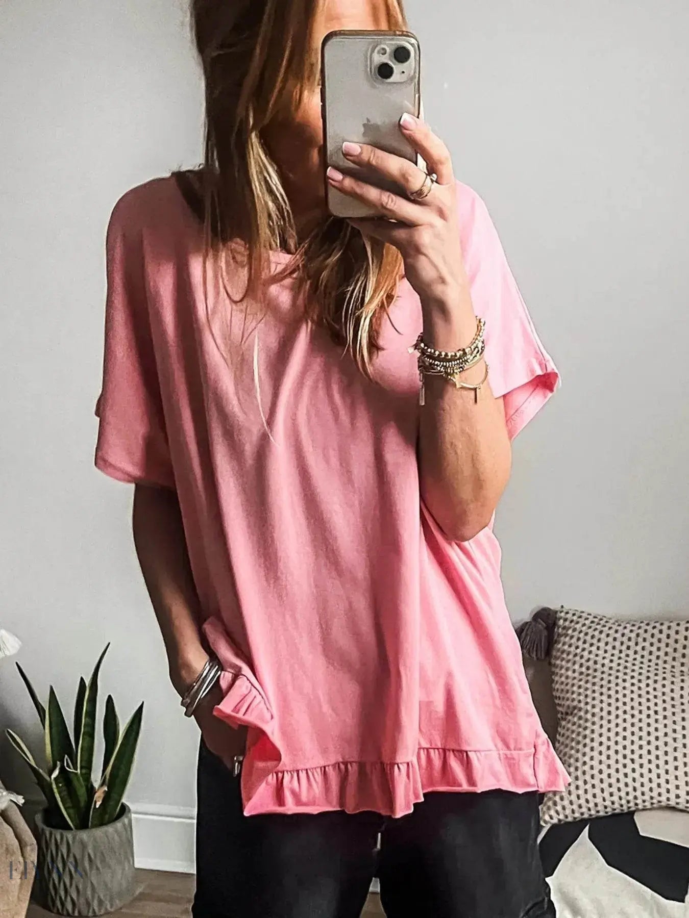 Ruffle Hem T-Shirt with Round Neck for Relaxed Fit - EBYNN