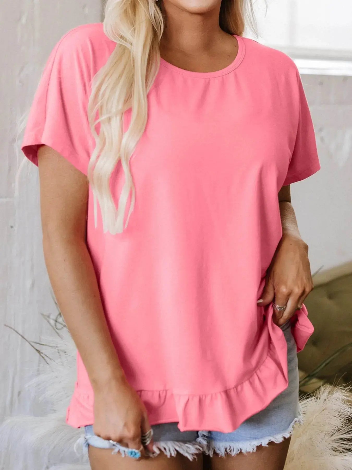 Ruffle Hem T-Shirt with Round Neck for Relaxed Fit - EBYNN