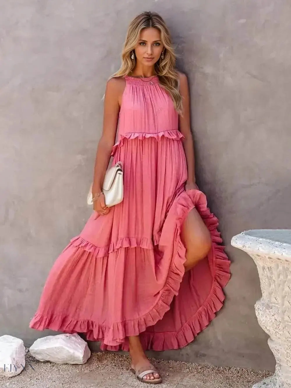 Ruffled Sleeveless Tiered Maxi Dress with Pockets - EBYNN