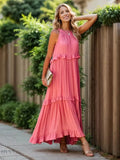 Ruffled Sleeveless Tiered Maxi Dress with Pockets - EBYNN