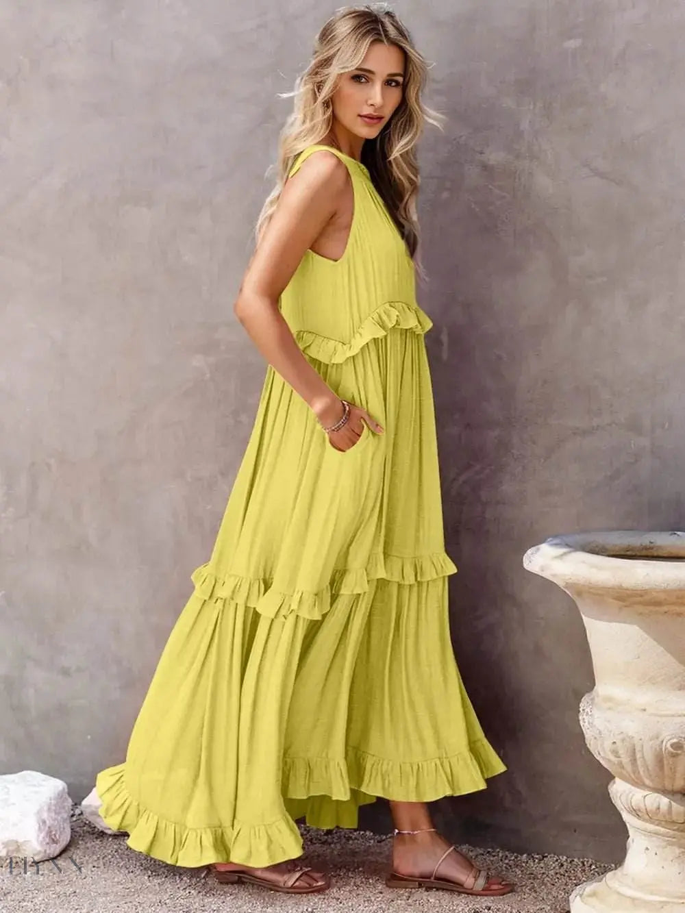 Ruffled Sleeveless Tiered Maxi Dress with Pockets - EBYNN